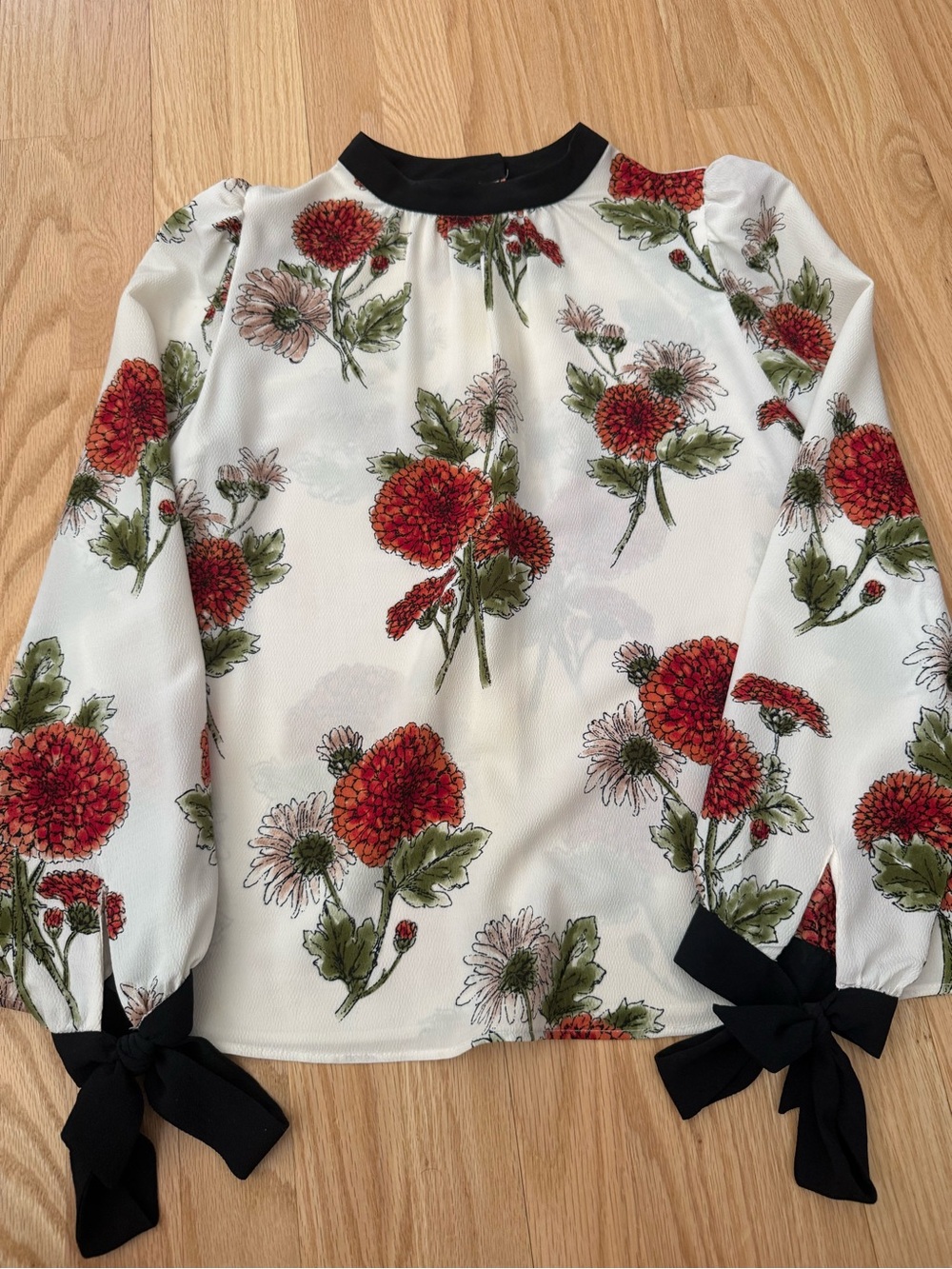 Zara White Blouse with Red Floral Print and Black Trim